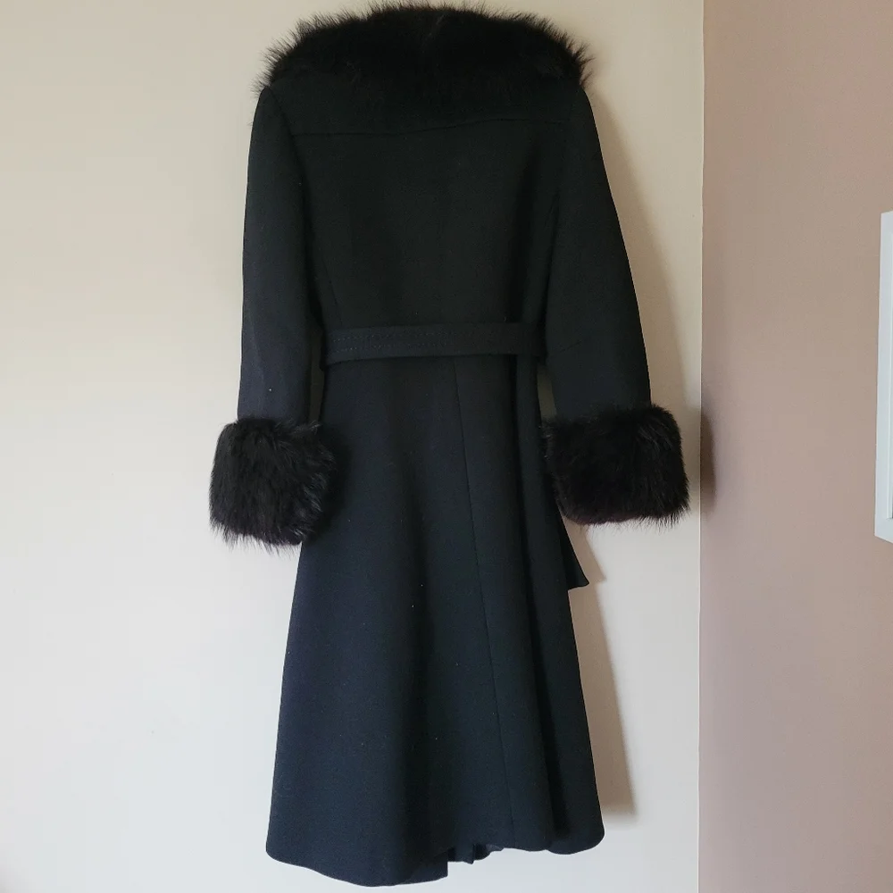 Vintage 70s Penny Lane Style Black Wool Trench Coat with Fur Trim - Picture 2 of 11